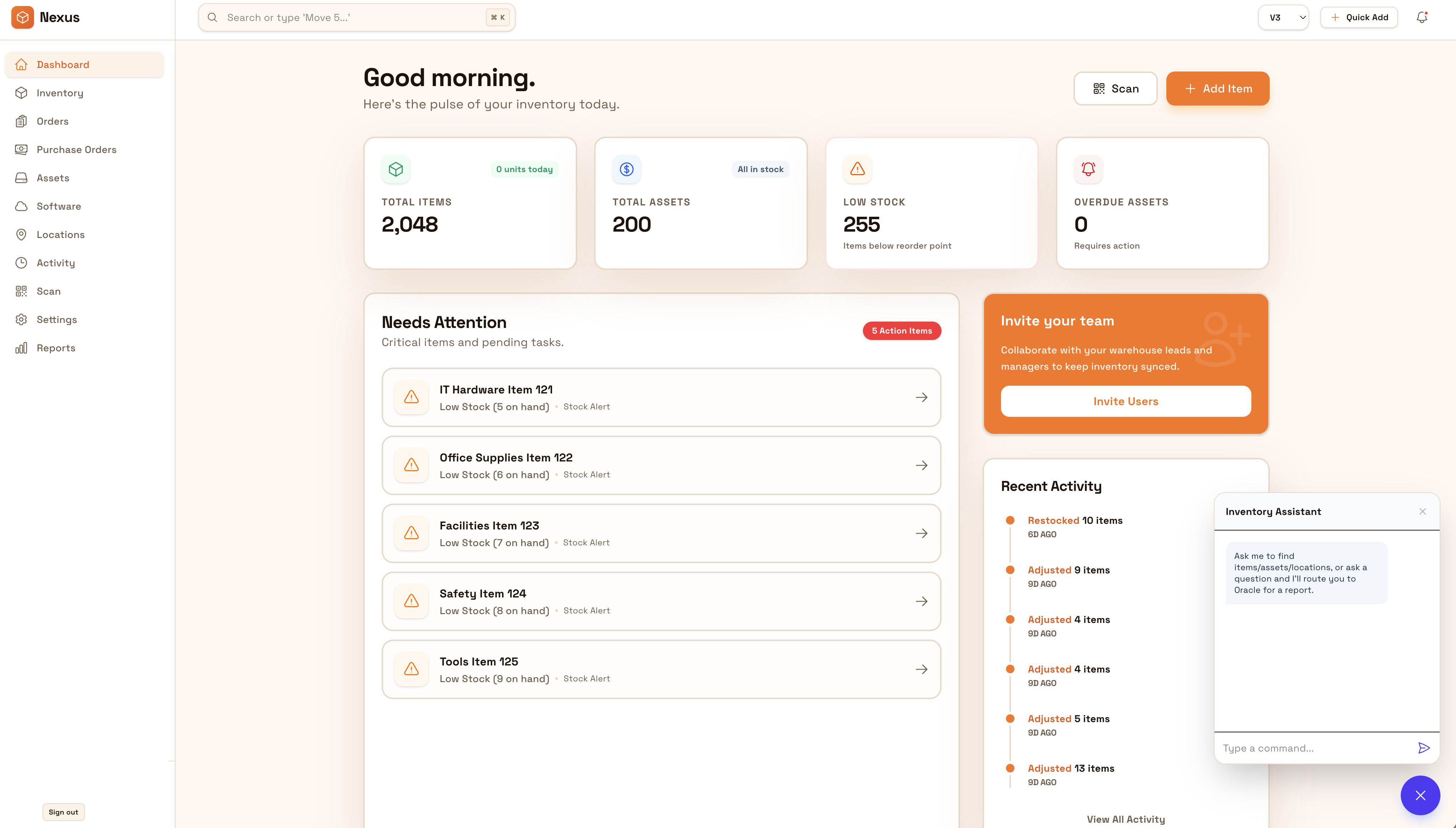 Compliance dashboard showing inventory accuracy, variance, and audit-ready activity logs